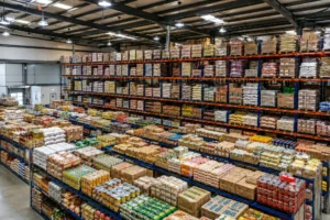 Warehouse racking with palletized goods Warehouse racking with palletized goods